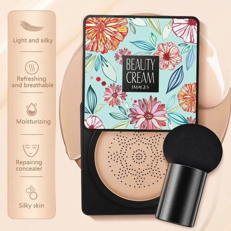 Air Cushion Cream Foundation For Flawless Skin With Dewy Finish & Mushroom Head Sponge Puff